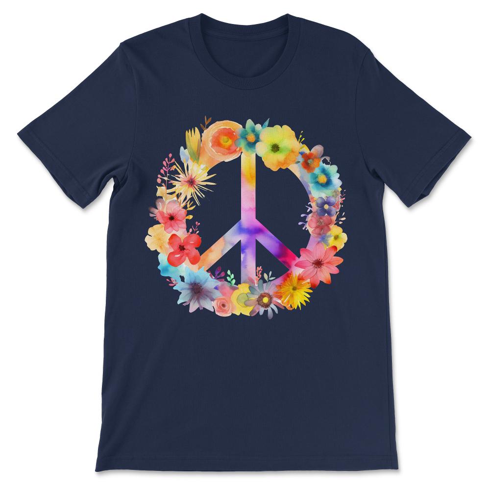 Peace Sign World Love Flowers Hippie Groovy Vibes Art Floral Gift Tee - Navy