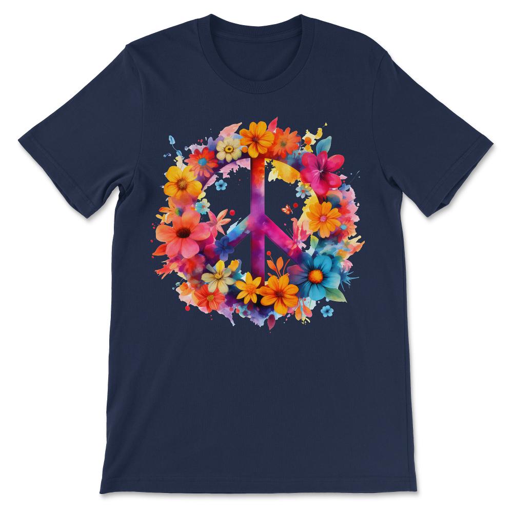 Peace Sign World Love Flowers Hippie Groovy Vibes Art Floral Gift Tee - Navy