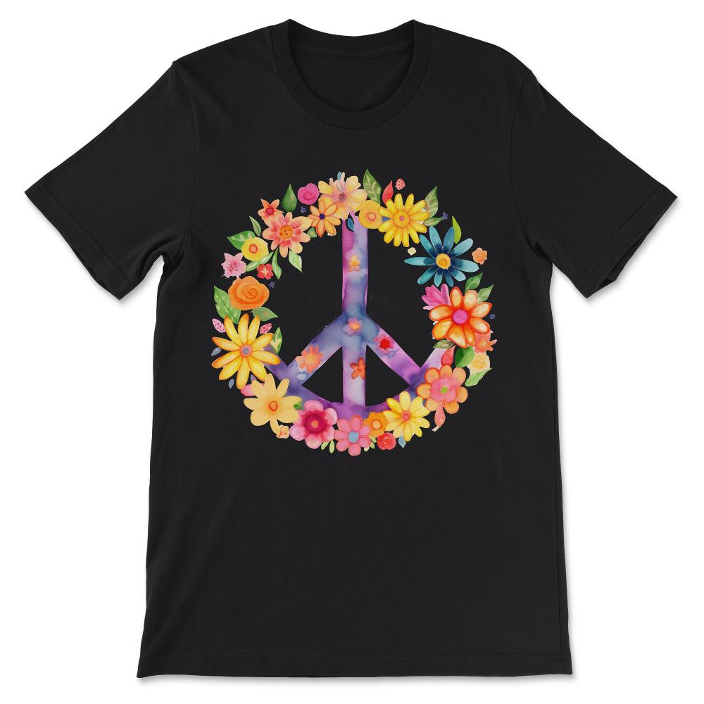 Peace Sign World Love Flowers Hippie Groovy Vibes Art Floral Gift Tee - Black