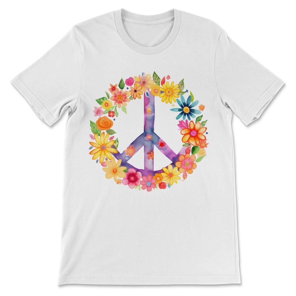 Peace Sign World Love Flowers Hippie Groovy Vibes Art Floral Gift Tee - White