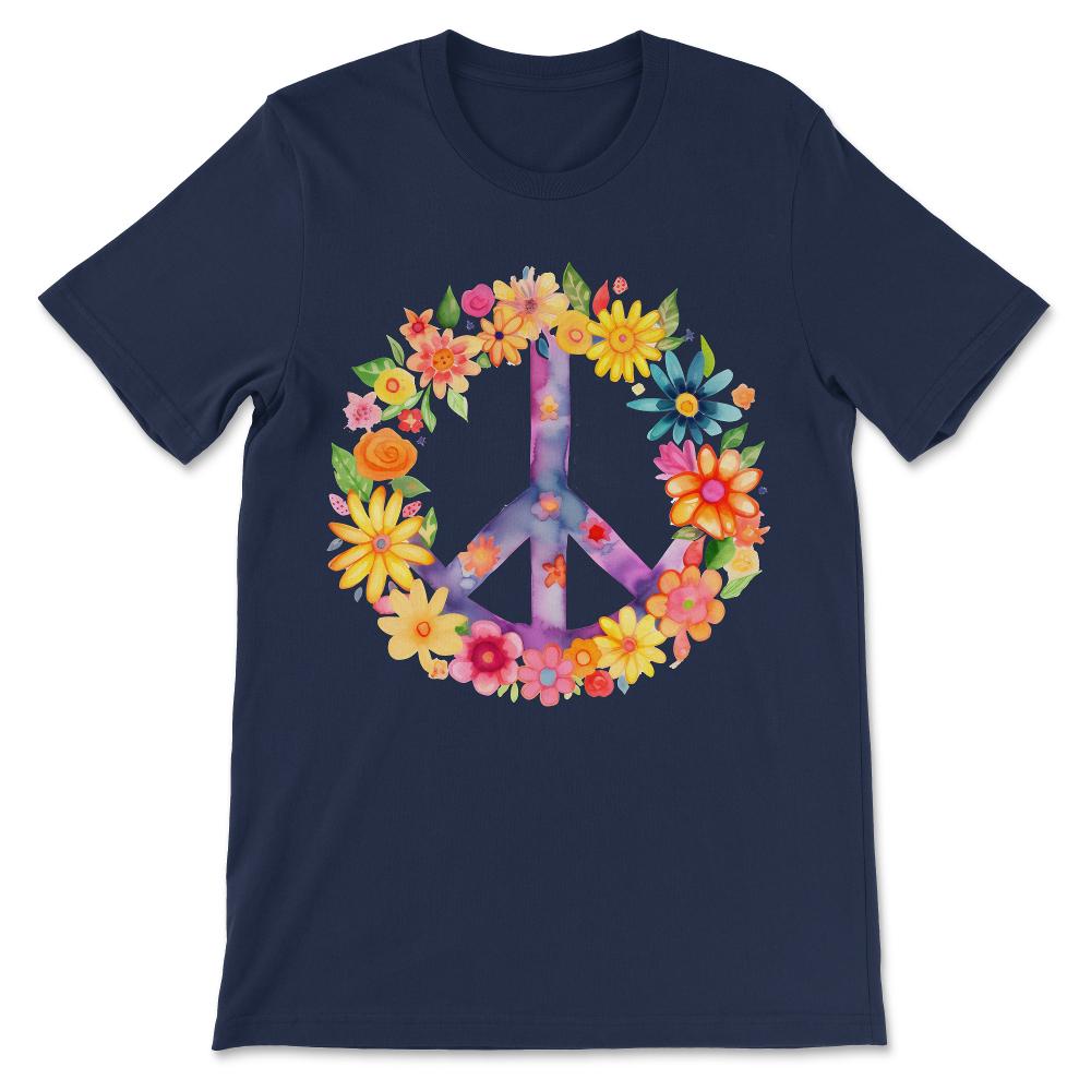 Peace Sign World Love Flowers Hippie Groovy Vibes Art Floral Gift Tee - Navy