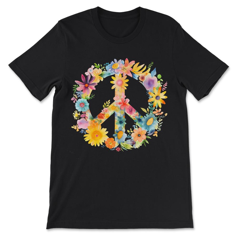 Peace Sign World Love Flowers Hippie Groovy Vibes Art Floral Gift Tee - Black