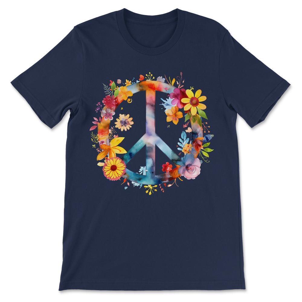 Peace Sign World Love Flowers Hippie Groovy Vibes Art Floral Gift Tee - Navy
