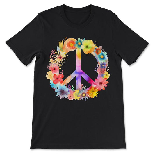 Peace Sign World Love Flowers Hippie Groovy Vibes Art Floral Gift Tee - Black