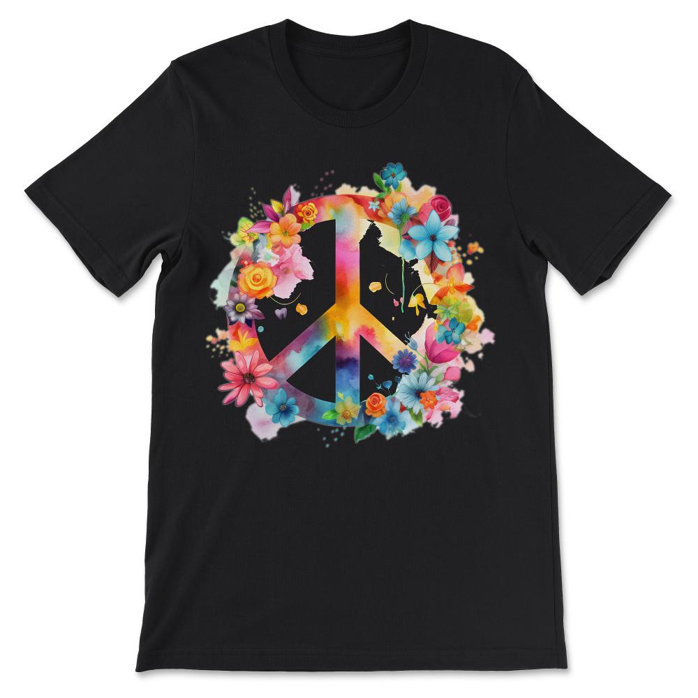 Peace Sign World Love Flowers Hippie Groovy Vibes Art Floral Gift Tee - Black
