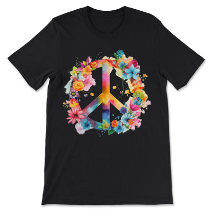 Peace Sign World Love Flowers Hippie Groovy Vibes Art Floral Gift Tee - Black
