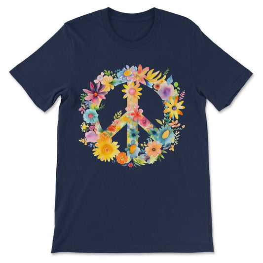 Peace Sign World Love Flowers Hippie Groovy Vibes Art Floral Gift Tee - Navy