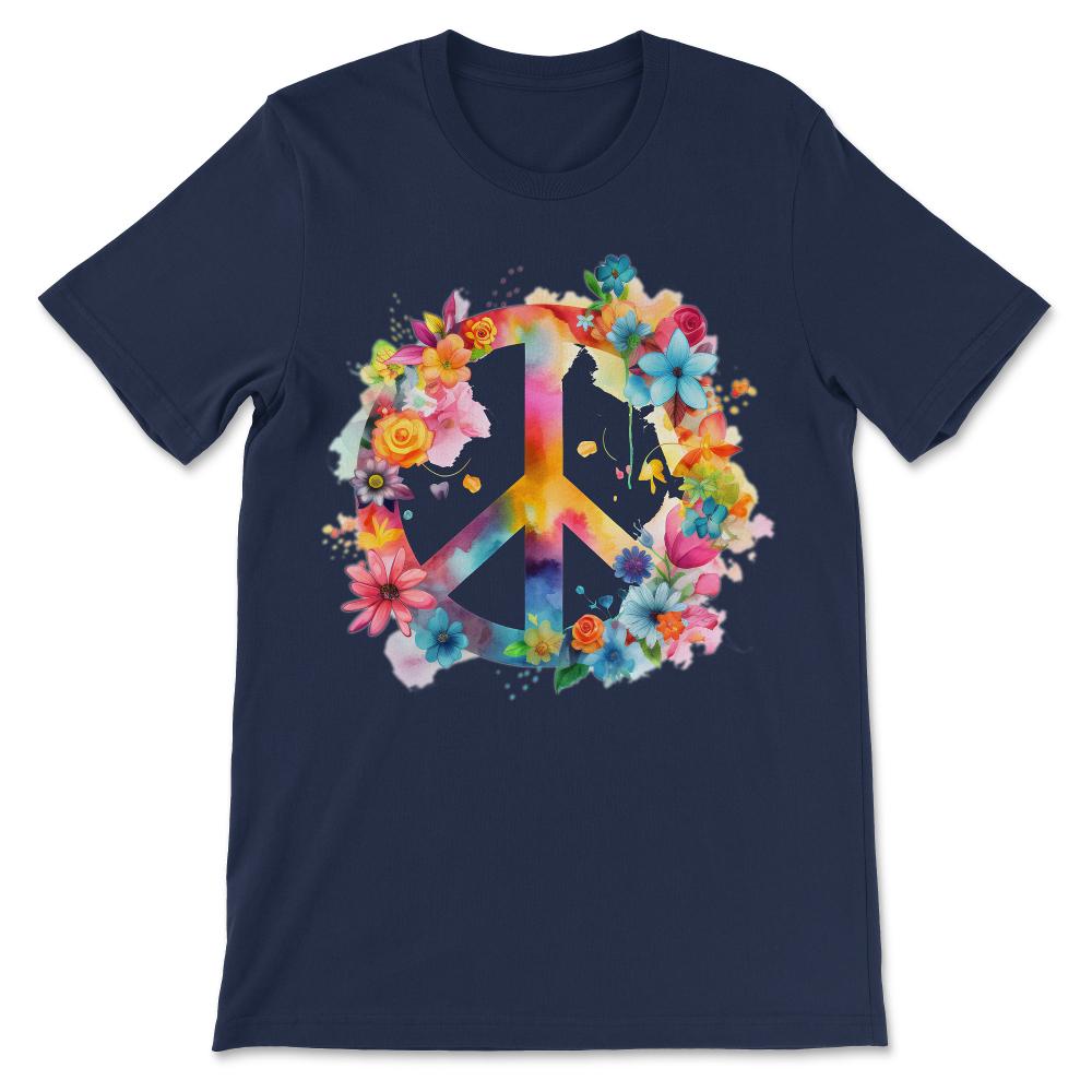 Peace Sign World Love Flowers Hippie Groovy Vibes Art Floral Gift Tee - Navy