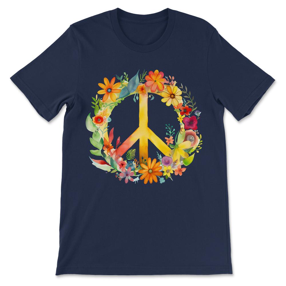 Peace Sign World Love Flowers Hippie Groovy Vibes Colorful Gift Tee - - Navy