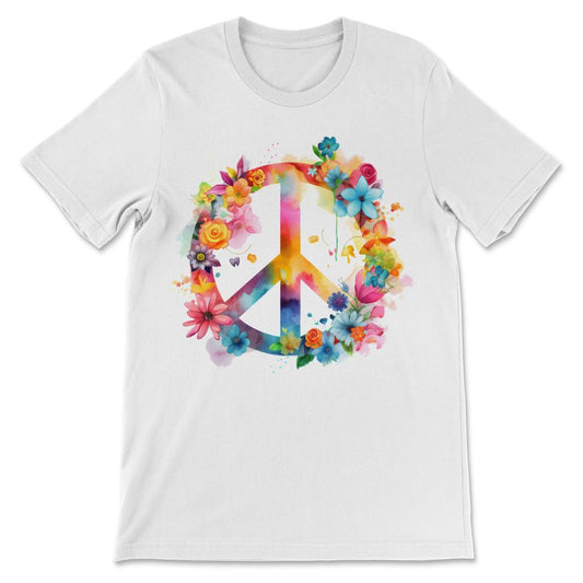 Peace Sign World Love Flowers Hippie Groovy Vibes Art Floral Gift Tee - White
