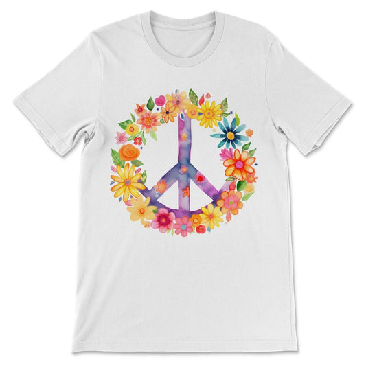 Peace Sign World Love Flowers Hippie Groovy Vibes Art Floral Gift Tee - White