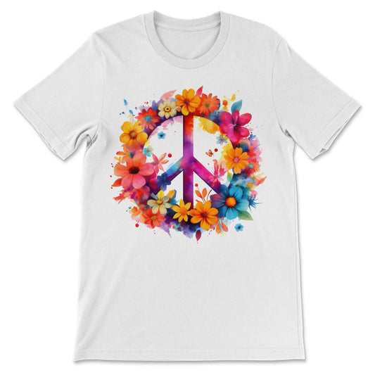 Peace Sign World Love Flowers Hippie Groovy Vibes Art Floral Gift Tee - White