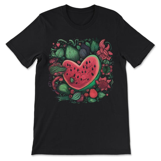 Watermelon Fruitarian Strawberries Lover Heart Fruit Summer Gift Tee - Black