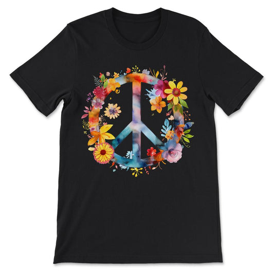 Peace Sign World Love Flowers Hippie Groovy Vibes Art Floral Gift Tee - Black