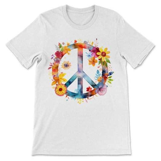 Peace Sign World Love Flowers Hippie Groovy Vibes Art Floral Gift Tee - White