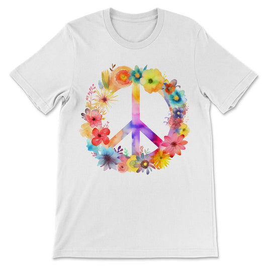 Peace Sign World Love Flowers Hippie Groovy Vibes Art Floral Gift Tee - White