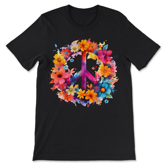 Peace Sign World Love Flowers Hippie Groovy Vibes Art Floral Gift Tee - Black