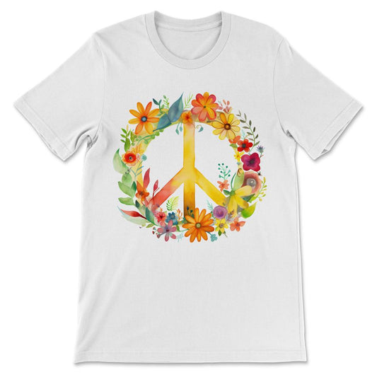 Peace Sign World Love Flowers Hippie Groovy Vibes Colorful Gift Tee - - White